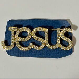 Jesus Gold Embossed Vintage Brooch with Cubic Zirconia,  Gemstones Religious​​​​